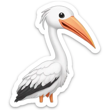  A big white stork carrying a bundle of cloth in its beak that has a cute white skinned baby face peeking out from it with black head sticker