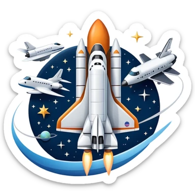 An icon featuring a space shuttle and an airplane against a starry sky, symbolizing aerospace technology. The design includes rocket boosters and satellite orbits, representing the exploration of space and advanced aviation. Transparent background sticker