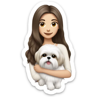 Brunette girl long hair, hugging her white Shih tzu sticker