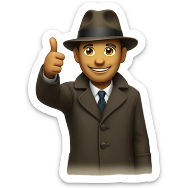 a  man in a hat and overcoat showing a thumbs up sticker