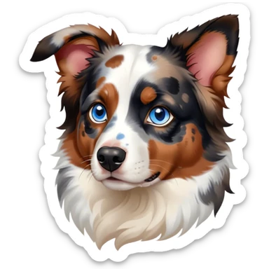 Cinematic Noble Calico Australian Shepherd Portrait Emoji, Poised and regal, with a strong, agile build and a predominantly white coat with calico merle markings of tan, black, and red, piercing blue eyes, Simplified yet sharp and sophisticated features, highly detailed, glowing with a soft, dignified glow, high shine, intelligent and loyal, stylized with an air of elegance, focused and attentive, soft glowing outline, capturing the essence of a watchful and confident herder, so majestic it feels as though it could step out of the screen with effortless authority! sticker