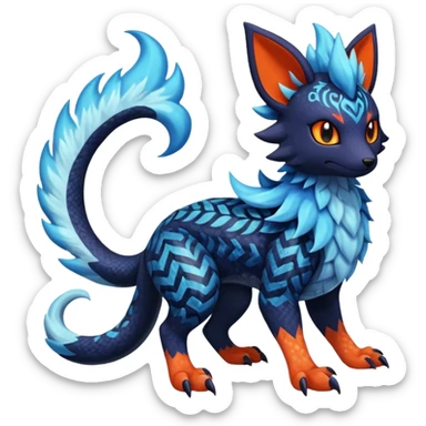 
Canine-Litten-Amaura-Salandit-Noibat-Flareon-Fakémon-fusion (full body) with intricate pattern markings sticker