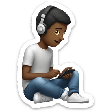 A boy playing game in mobile phone with plug headphones on ear sticker