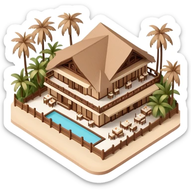 Isometric exterior brown and beige polynesian beach resort restaurant, dollhouse style 3D realistic  sticker
