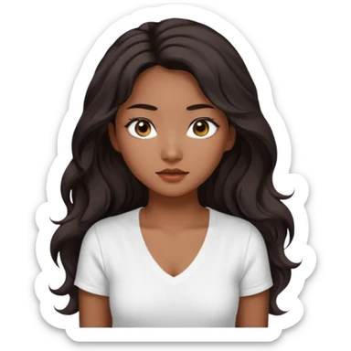 iOS style emoji. A girl with very long dark brown wavy hair. And the eyes color is dark brown. And she is wearing white t shirt with V kneck. And she is 30. She is Asian with double eyelids  sticker