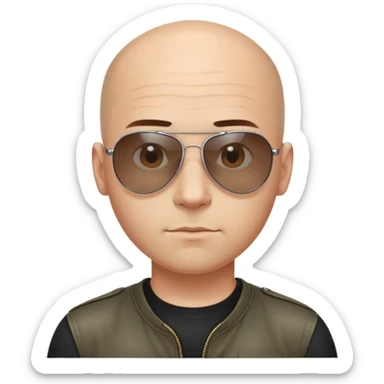 Oval-faced man with large forehead, aviator sunglasses with metal frame, extremely short dark hair with completely bald sides (skin fade), light tan skin, friendly neutral expression, black shirt sticker