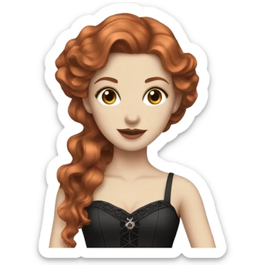 A woman with long wavy copper hair, hazel eyes, white skin and wearing an elegant gothic dress sticker