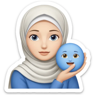 white pretty woman with white hijab holding a blue cushion foundation emoji sticker