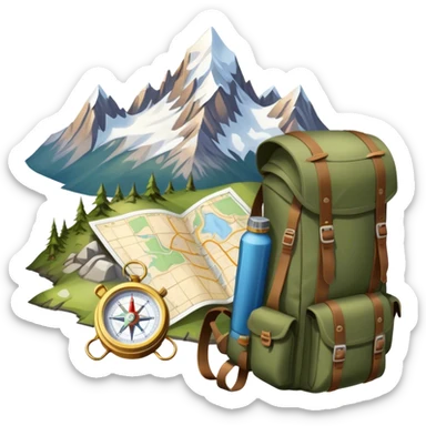 Icon for Expeditions: a compass, a map and a backpack with trekking gear, placed on a rugged mountain terrain with snow-capped peaks. The icon should evoke the spirit of adventure and discovery in remote, unexplored places. Transparent background. sticker