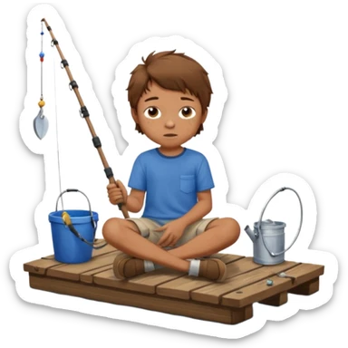 Little boy sitting on the dock fishing, felt texture, scrapbooking sticker