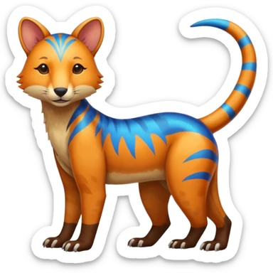 Colorful brown with blue and orange tropical exotic shiny beautiful fantasy-Thylacine-Vernid-Cacomistle-Oncilla-animal-Fakémon-hybrid-fursona (full body) sticker