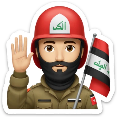 surrenders, depicts an Iraqi soldier from 1980, with a beard, in a helmet, a helmet with sign flag Iraq, with a balaclava, with sad eyes and both hands raised up sticker