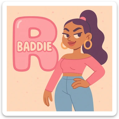 pink bubble letter R with 'baddie' written on it, soft pastel illustration style sticker