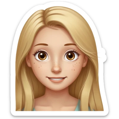 Girl with pretty long light hair and light brown eyes smiling with a few freckles and beauty mark by her check and by her eye on the other side and very long eyelashes and big wide ish eyes  sticker