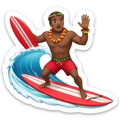 Dark Muscular 50 year old Hawaiian man with red shorts and a shell lei surfing a big wave sticker