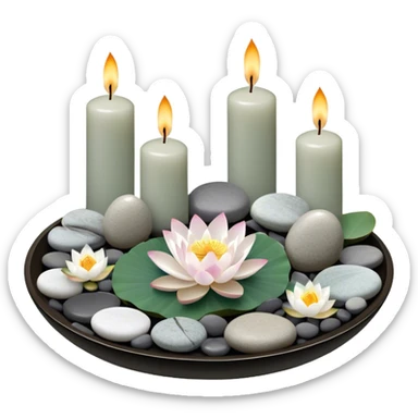 A photorealistic icon featuring lotus flowers, burning incense sticks with smoke rising, smooth round sea stones, and multiple small round candles arranged in a calming, tranquil setting. Soft, peaceful colors with detailed textures that evoke mindfulness and inner peace. Transparent background sticker