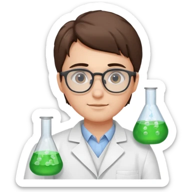 Portrait of a young scientist wearing a white lab coat, glasses sticker
