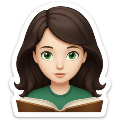 Long wavy dark brown haired, white skinned, dark green eyed girl reading a book sticker
