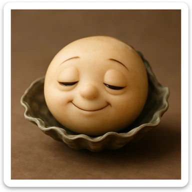A cute oyster with a sleepy expression, half-closed eyes and a small smile, photorealistic style. sticker