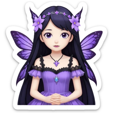 Gothic anime fairy with long beautiful black hair and violet dress, pastelcore, sticker