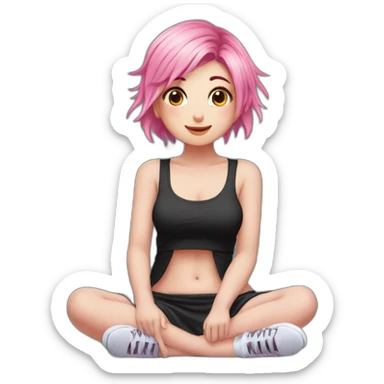 Full body Front view curvy emo girl pink hair sits on the floor straight view hands up black skirt белые трусики полосатые рваные чулки sticker