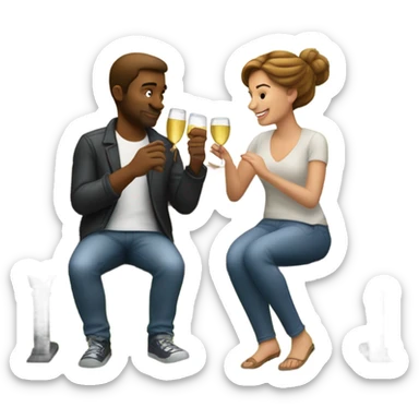 couple of white people with brown hair, sitting closely on a park bench, enjoying a romantic moment. One person is holding a croissant, and the other is holding a glass of Prosecco.  sticker