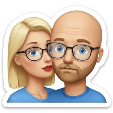 middle age bald man with heavy scruff, blue eyes and glasses.  Kissing blonde woman with blue eyes, the woman does not have glasses on sticker