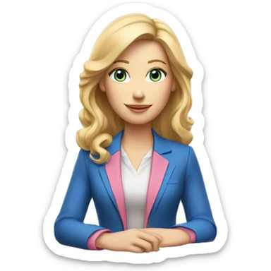 Woman with pale skin, blond hair, blue eyes and a “pink blazer” work outfit sitting at table with Apple laptop sticker