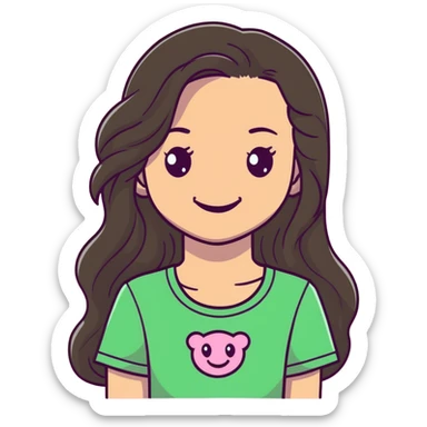 Green eyed girl long dark brown straightish wavy hair wearing a light pink tshirt and smiling sticker