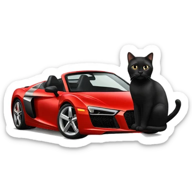 black cat with smal white spot on neck sitting on a red audi r8 sticker