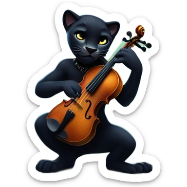 An elegant black panther playing a violin in the middle of a forest, its fur glowing under the moonlight. The atmosphere is calm and magical, with musical notes floating in the air." sticker