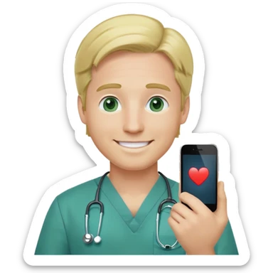 a male doctor with green scrubs, blonde hair middle part, light blue eyes, smiling, iphone emoji sticker
