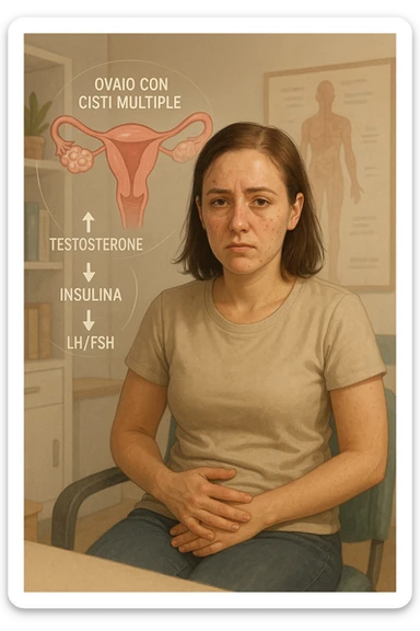 Donna tra i 25 e i 35 anni, con espressione stanca ma determinata, seduta in uno studio medico o nella sua stanza, con mani sul basso ventre. Sullo sfondo un diagramma trasparente o fluttuante di ovaie con cisti multiple, ormoni stilizzati in disequilibrio (testosterone, insulina, LH/FSH). Leggeri segni visivi di sintomi tipici: acne sul viso, lieve aumento di peso, capelli leggermente diradati in zona frontale. Ambiente realistico ma con elementi educativi e simbolici. Toni tenui ma caldi, stile empatico e informativo. in italiano sticker