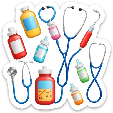 stethescope, heel lancet, medication, baby blood tubes, monitoring cables, baby bottle, cute scrapbooking paper,  sticker