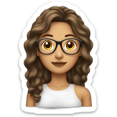 Mujer cabello castaño largo, piel pálida con lentes sticker