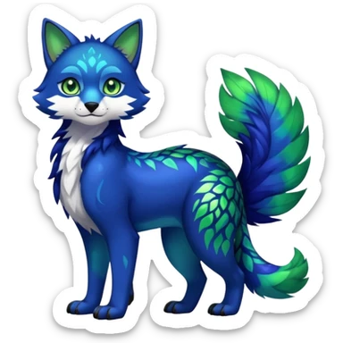 Colorful dark tropical cobalt-blue, black, white fur, with green eyes, iridescent glorious divine exotic cute cool beautiful shiny beautiful fantasy-caracal-civet-genet-sergal-vernid-Cacomistle-Furret-civet-oncilla-animal-Fakémon-hybrid-fursona with pattern markings (full body) sticker
