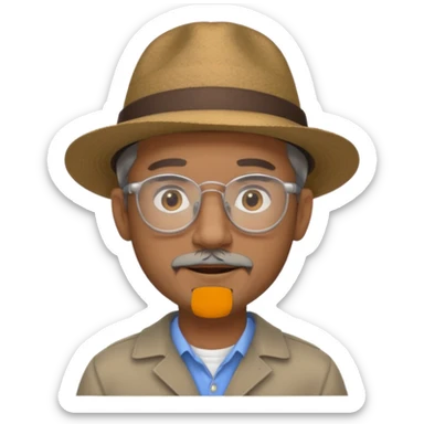 Brown man with wide rimmed hat no hair, but gray goatee, clear glasses and slightly smiling sticker