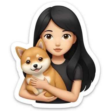 girl with black long hair holding a Shiba Inu sticker
