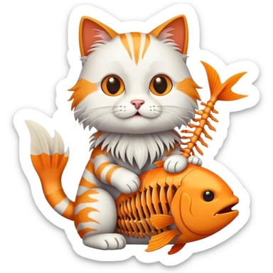 cat full body sitting with fish skeleton with fins and bones in mouth sticker