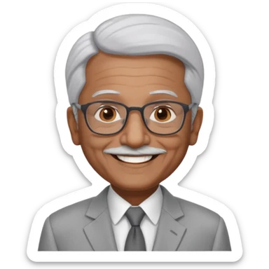 70 yr old indian man, short straight white hair brushed back, light grey business suit, big smile, dark brown skin, no moustache, dark brown eyes, glasses
 sticker