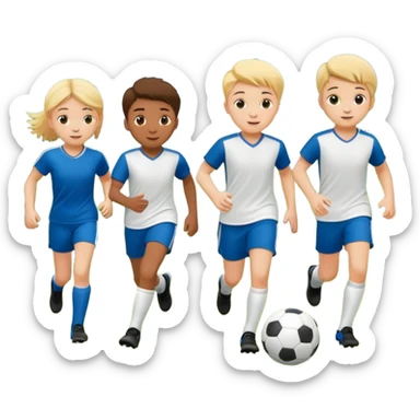 A group of 4 kids playing soccer in a park sticker