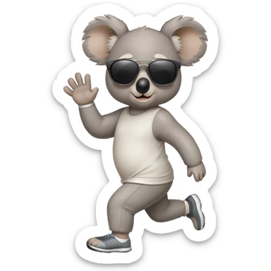 friendly anthropomorphised koala in casual clothing, wearing dark sunglasses, jogging upright in standard pose sticker