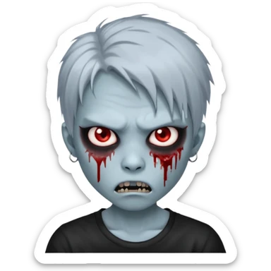 3D emoji-style avatar with very pale blue-grey zombie skin , a young Asian face, and large eyes with blood tears. Give it white litle bit messy mullet hair style , silver hoop earrings, and a plain black T-shirt. The face expression should be slightly angry, with vampire fang sticker