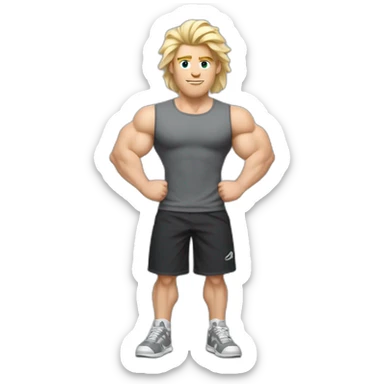 Full height Pale skinned fit man With biceps and blonde Tousled hair In dark gray sleeveless mike, black oversize sports shorts, watch and white sneakers. his arms crossed over his chest sticker