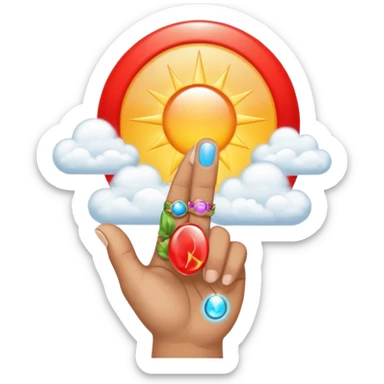 "Create an emoji representation of a hand holding other. One hand with index finger pointing up, surrounded by clouds and sun rays, with a red ring on the ring finger." sticker