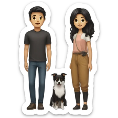 couple, a little Men with Long black hair, a girl with short brown hair ; and black spitz dog sticker