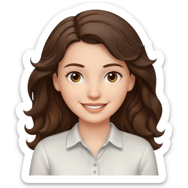 A White girl with wavy and dark hair, light brown eyes and a white shirt smiling sticker