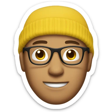 A white guy with a yellow beanie on and glasses sticker