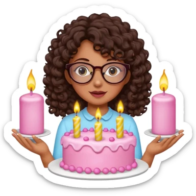 Tanned girl with dark brown curly hair wearing glasses with a cute birthday cake  sticker
