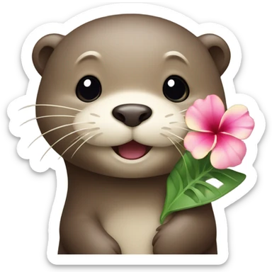 A happy and cute otter face with a Hawaiian flower tucked behind its ear, holding a heart. sticker